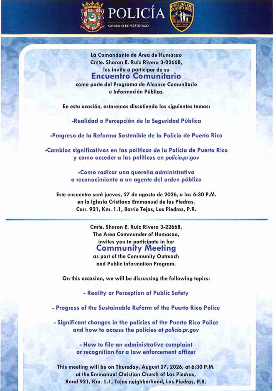 Policía convoca encuentro comunitario en Las Piedras